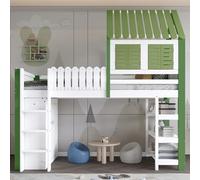 Letto a soppalco, letto per bambini con sponde di sicurezza, baldacchino e finestre, ampio spazio contenitivo con armadio, scaffale a tre ripiani, scaletta a tre gradini, pino + MDF + compensato, bian