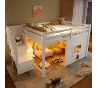 Letto a soppalco,letto soppalco 140x200 cm,letto a castello per bambini Salvaspazio con scala contenitore,LED(7 colori, controllo APP),letto bambini con mezza anta,finestra,Pino,Senza materasso,Bianco