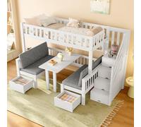 Letto a soppalco multifunzione, 90 x 200 cm, letto 2 in 1 e scrivania, scala di stoccaggio, recinzione decorativa con stelle e luna, lettini, letti in legno sono stabili e durevoli, colore bianco