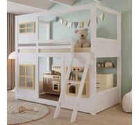 Letto a Soppalco per Bambini 90x200 cm con Finestra, Letto a castello con Scaletta e Sponde, Protezione Anticaduta, 1x Rete a doghe, Struttura in pino,Ampio Spazio di Archiviazione(Senza Materasso)