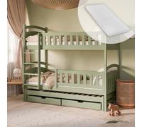Letto a soppalco per bambini 90x200 cm con letto a castello estraibile, due cassetti, rete a doghe anticaduta e tre materassi trasformabili in tre letti singoli, colore verde oliva | da 4 a 18 anni