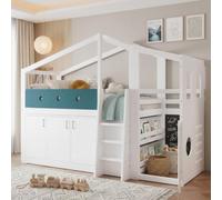 Letto a soppalco per bambini 90x200 con Scala, Armadio Portaoggetti, Lavagna Nera e area gioco, Letto a media altezza a forma di casetta per Cameretta, Strutture letto in legno di pino(Senza Materasso