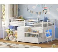 Letto a Soppalco per Bambini con Scaffale Aperto & Cassapanca Portagiochi, Letto Bambino con 5 Cassetti, Illuminazione LED RGB Integrata, Sponda di Sicurezza Alta 13",Area Giochi sotto il Letto,Bianco