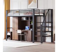 Letto a soppalco robusto telaio in metallo con ampio spazio sotto il letto e sotto le scale, ideale per bambini e adulti. Massimizza l'uso dello spazio con letti (90 cm x 200 cm + nero)