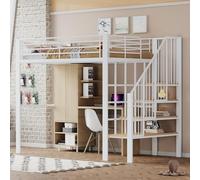 Letto a soppalco robusto telaio in metallo con ampio spazio sotto il letto e sotto le scale, ideale per bambini e adulti. Massimizza l'uso dello spazio con letti (140 cm x 200 cm + bianco)