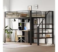 Letto a soppalco stabile struttura in metallo con ampio spazio sotto il letto e le scale, ideale per bambini e adulti per la massima efficienza dello spazio (nero, 140 x 200 cm)