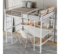 Letto a soppalco, struttura del letto in metallo, letto in ferro con scrivania, senza materasso, letto a soppalco con quattro piccoli ripiani e una grande libreria per bambini, ragazzi e adulti