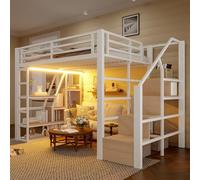 Letto a soppalco, telaio in ferro, vano portaoggetti, gradini integrati, ringhiera di protezione, scala, con striscia luminosa a LED, spazio aperto sotto il letto, materasso non incluso (bianco 140 x