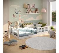 Letto a terra Timi 2in1 120x200 cm, Bianco, Protezione anti-caduta flessibile rimovibile, Letto per bambini, Convertibile, Stile Montessori, Legno massello di pino con doghe