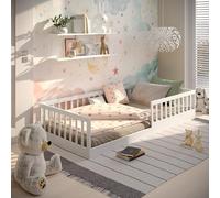 Letto a terra Timi 2in1 90x200 cm, Bianco, Protezione anti-caduta flessibile rimovibile, Letto per bambini, Convertibile, Stile Montessori, Legno massello di pino con doghe