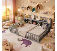 Letto al pavimento per bambini, 140 x 200 cm, letto Montessori con ripiano e libreria, letto per bambini con barriera di sicurezza e rete a doghe letto singolo in legno massiccio rinforzato con pino