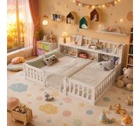 Letto al pavimento per bambini, 140 x 200 cm, letto Montessori con scaffalatura, libreria, letto per bambini con barriera di sicurezza e rete a doghe, letto singolo in legno massiccio rinforzato con