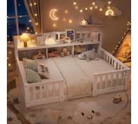 Letto al pavimento per bambini, 140 x 200 cm, letto Montessori con stoccaggio, libreria, telaio per letto per bambini con barriera di sicurezza e rete a doghe, letto singolo in legno massiccio
