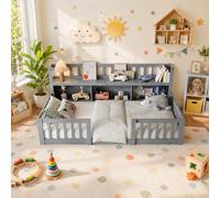 Letto al pavimento per bambini, 90 x 200 cm, letto Montessori con scaffalatura, libreria, letto per bambini con barriera di sicurezza e rete a doghe, letto singolo in legno massiccio rinforzato con