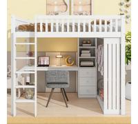 Letto alto 140x200 cm, con scrivania, armadio, 3 cassetti, ringhiera e scale, legno di pino + MDF, bianco, senza materasso