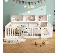 Letto Bambini 140*200cm, Letto a terra con Contenitore Nella Testiera, Lettino Montessori con Rete a doghe, Letto Piazza e Mezza per Bambini, Struttura in Legno di Pino,Barriera di Protezione,Bianco