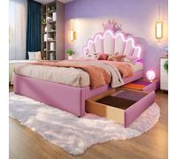 Letto bambini per bambini con 2 cassetti e lampade a LED, letto matrimoniale 90 x 200 cm con rete a doghe e schienale, letto da principessa a forma di corona in similpelle Rosa (Senza materasso)