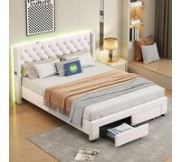 Letto baule 140 x 190 cm, letto matrimoniale imbottito con illuminazione a LED, telaio letto matrimoniale con 2 cassetti e ripostiglio, con rete a doghe adatta per 2 persone, velluto beige (140 x 190