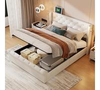 Letto baule 140 x 190 con custodia, letto idraulico con lampada da comodino e testiera, letto matrimoniale imbottito con USB, letto matrimoniale con doghe in legno, per adulti e adolescenti (140 x 190