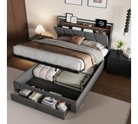 Letto baule 140 x 190 con LED e porte USB, letto matrimoniale imbottito con contenitore 2 cassetti e testata, letto matrimoniale, telaio di letti con rete a doghe, lino, grigio scuro (senza materasso)