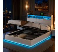 Letto baule 140 x 190 con rete a LED, letto matrimoniale imbottito con contenitore nascosto in testata del letto, idraulico, letti imbottiti con doghe in legno, per adulti e adolescenti, velluto