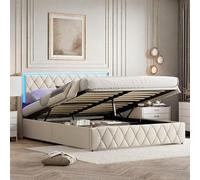 Letto baule 140 x 200 cm con LED e porte USB, letti imbottiti con contenitore idraulico, letti matrimoniali con rete a doghe per adolescenti adulti, senza materasso, velluto, beige