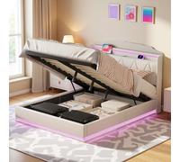 Letto baule 140 x 200 cm con LED e porte USB, letto matrimoniale con contenitore idraulico, letti imbottiti con rete a doghe e testata, senza materasso, velluto, bianco