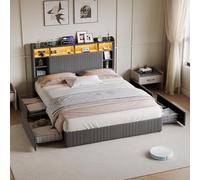 Letto baule 140 x 200 con 4 cassetti, letto matrimoniale imbottito 140 x 200 cm LED e USB e spazio di archiviazione letto per 2 persone con rete, telaio letto imbottito per adulti e adolescenti