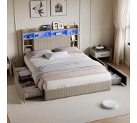 Letto baule 140 x 200 con 4 cassetti, letto matrimoniale imbottito 140 x 200 cm LED e USB e spazio di archiviazione letto 2 persone con rete, telaio letto imbottito per adulti e adolescenti (Beige-6