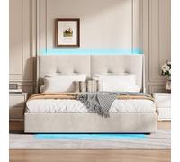 Letto baule 140 x 200 con illuminazione a LED, telaio letto imbottito con testiera, letti matrimoniali imbottiti con contenitore idraulico, letto matrimoniale 2 persone rete con doghe in velluto