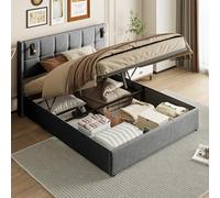 Letto baule 140 x 200 con rete a listelli, letto con rete cassaforte, letto imbottito, testiera con lampada da lettura, letto imbottito con lettino, letti per adulti, design rivetti (grigio, 140 x 200