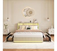 Letto baule 140 x 200 con rete, letto matrimoniale con 4 cassetti portaoggetti e LED e 2 USB, Type-C, testiera e illuminazione a LED, letto matrimoniale per adulti e adolescenti, lino