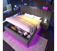 Letto baule 160 × 200 con LED e USB-C, telaio letto matrimoniale con rete a doghe, letto adulto con controllo dell'applicazione e funzione di ricarica, lino, grigio, (senza materasso o comodino)