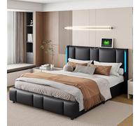 Letto baule 160 x 200 cm, letto imbottito con porta USB di tipo C, testiera con illuminazione a LED, letto matrimoniale con ripostiglio e rete a doghe, letto matrimoniale imbottito telaio del letto,