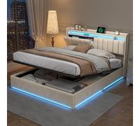 Letto baule 160 x 200 cm, letto matrimoniale imbottito con illuminazione a LED e USB, letto imbottito con ripostiglio nascosto e ripiani aperti cornice di letti 2 persone con rete a doghe, velluto