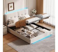 Letto baule 160 x 200 con illuminazione a LED, telaio letto imbottito con testiera, letti matrimoniali imbottiti con contenitore idraulico, letto matrimoniale 2 persone rete a doghe in velluto (beige