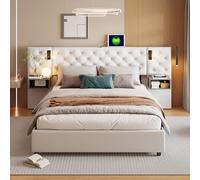Letto baule 160 x 200 con lampada da lettura e USB, letti matrimoniali con comodini letto imbottito con funzione di stoccaggio, letti per adulti con doghe in velluto bianco sporco (bianco sporco, 160