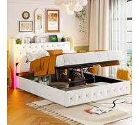 Letto baule 160 x 200 con LED e USB 160 x 200 letto matrimoniale con contenitore e testiera del letto, letto imbottito per 2 persone con rete a doghe per adulti, velluto, beige, senza materasso
