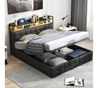 Letto baule 160 x 200 con spazio portaoggetti e LED doppio con doghe, letto matrimoniale con funzione di ricarica USB, letti imbottiti (senza materasso)