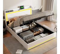Letto baule 160 x 200 LED, letto per adulti, letto imbottito 160 x 200, testiera con luci a LED regolabili e ricarica USB, letto idraulico con rete, tessuto in PU, senza materassi (bianco-b, 160 x 200