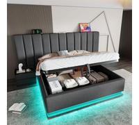 Letto baule 180 × 200 con LED e USB-C, telaio letto matrimoniale con rete a doghe, letto adulto con controllo dell'applicazione e funzione di ricarica, lino, grigio, (senza materasso o comodino)