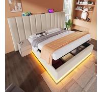 Letto baule 180 × 200 con LED e USB-C, telaio letto matrimoniale con rete a doghe, letto adulto con controllo dell'applicazione e funzione di ricarica, lino, beige, (senza materasso o comodino)