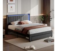 Letto baule 180 x 200 cm con rete LED e USB, letto matrimoniale per adulti e adolescenti, letto imbottito con testa in legno, telaio moderno, letti matrimoniali con cassetti scorrevoli