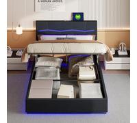 Letto baule 180 x 200 con rete a LED, letto imbottito con contenitore letto con cassapanca idraulica con rete a doghe in legno, letto matrimoniale imbottito 180 x 200 cm letti per adulti in PU (nero