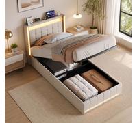 Letto baule 90 x 200 cm con LED, letto imbottito con rete a doghe, letto idraulico con USB, letto singolo 90 x 200, letto imbottito con custodia, telaio per letti singoli, senza materasso, lino