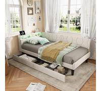 Letto baule 90 x 200 con 2 cassetti, letto 90 x 200 cm con rete LED e USB, letti con cassetto e testata, divano letto imbottito letto singolo per bambini con doghe, velluto (beige, 90 x 200)