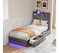 Letto baule 90 x 200 con 2 cassetti, letto singolo imbottito con illuminazione a LED e USB, letto singolo 90 x 200 cm con rete a doghe, testiera con contenitore, telaio 1 posto(grigio, 90 x 200)