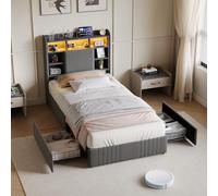 Letto baule con 2 cassetti, letto singolo imbottito 90 x 200 cm con rete, letto per bambini 90 x 200 cm e lampada da comodino a LED, porte USB e tipo-C, letti per adulti telaio letto singolo (grigio-8