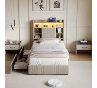 Letto baule con 2 cassetti, letto singolo imbottito 90 x 200 cm con rete, letto per bambini 90 x 200 cm e lampada da comodino LED, porte USB e tipo-C, letti adulti telaio letto singolo in lino (Beige