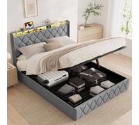 Letto baule idraulico 160 x 200 cm con LED e USB, testiera con spazio